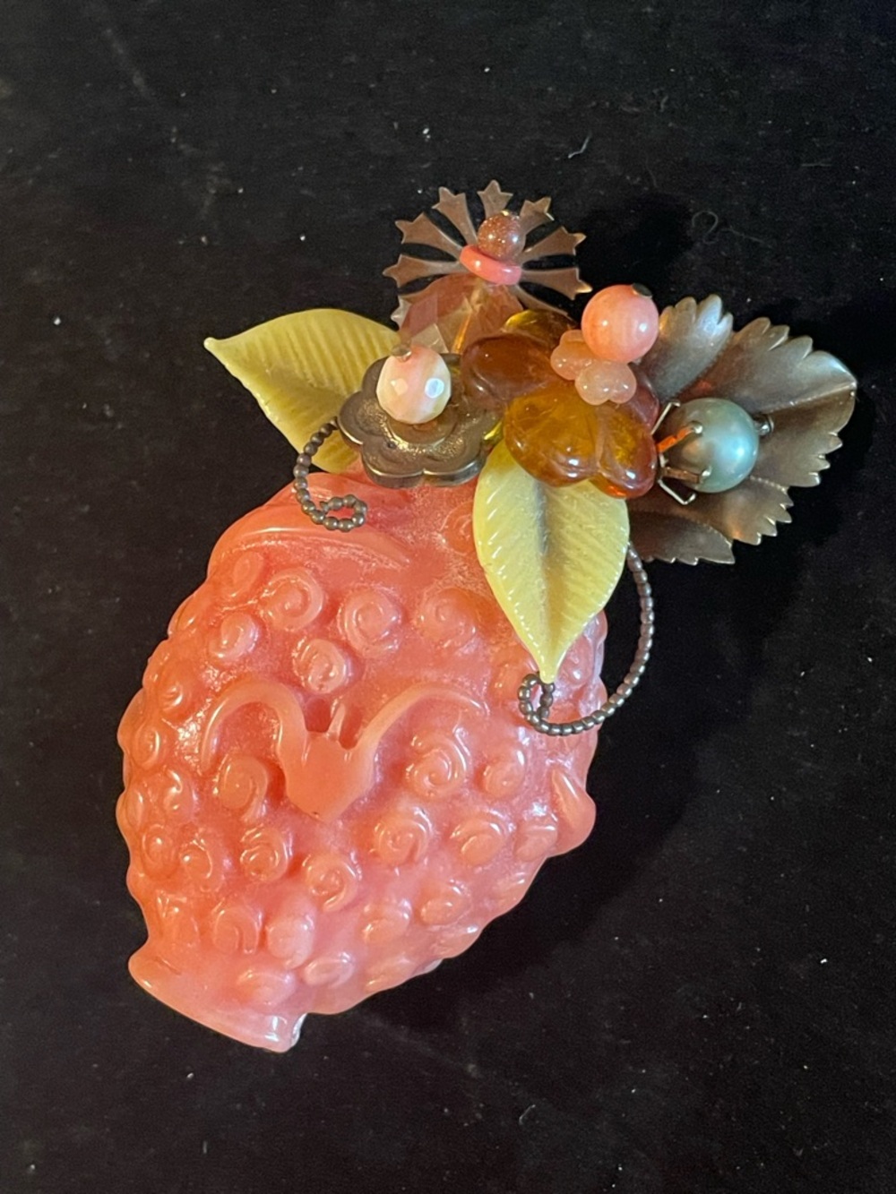Vintage Antique Faux Coral Colored Floral Brooch Pin Flower Bouquet Vase Unusual